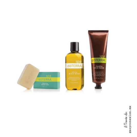 doterra, kit Spa. Barra de jabón humectante, jabón corporal refrescante y mascarilla antioxidante de barro. spa, spa en casa.